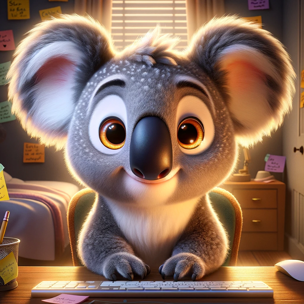 Coco der Koala sitzt am PC und tippt