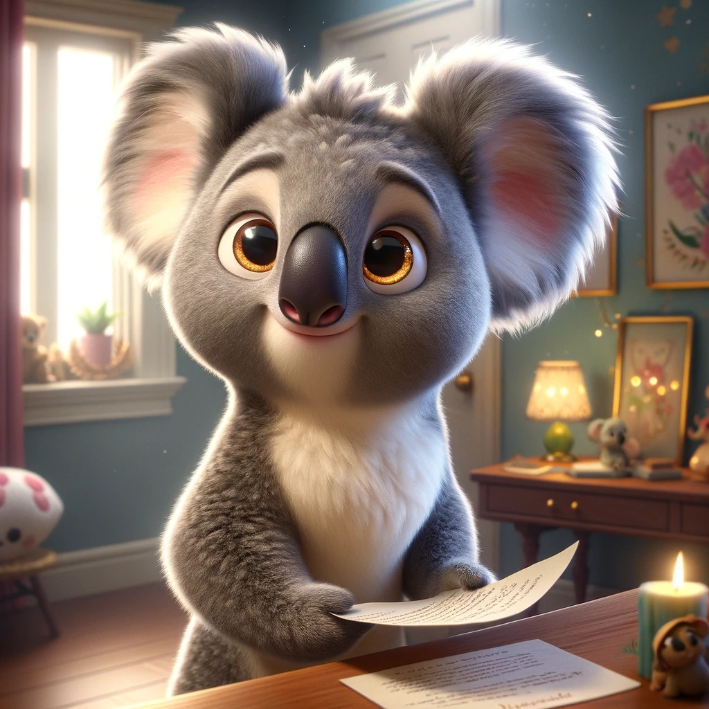 Coco der Koala hält seine erstellte Geschichte in der Hand